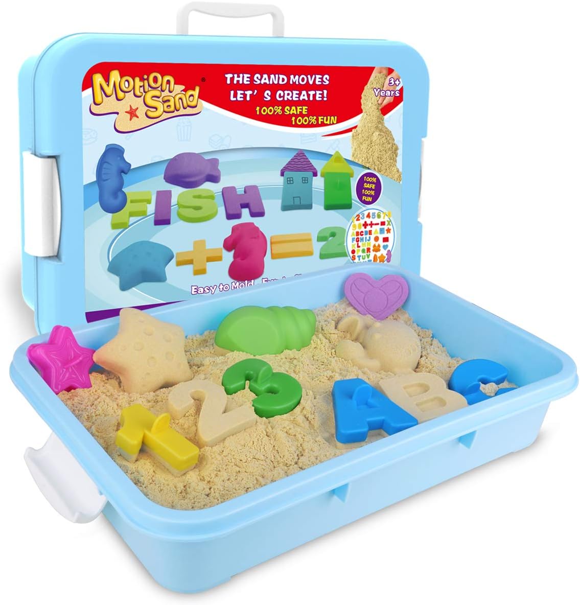 MOTION SAND Play Sand , 2.2LBS of Natural Sand and Motion Creative Learning Playset with 52 Pcs Molds Kit, Non-Toxic Sand for Kids