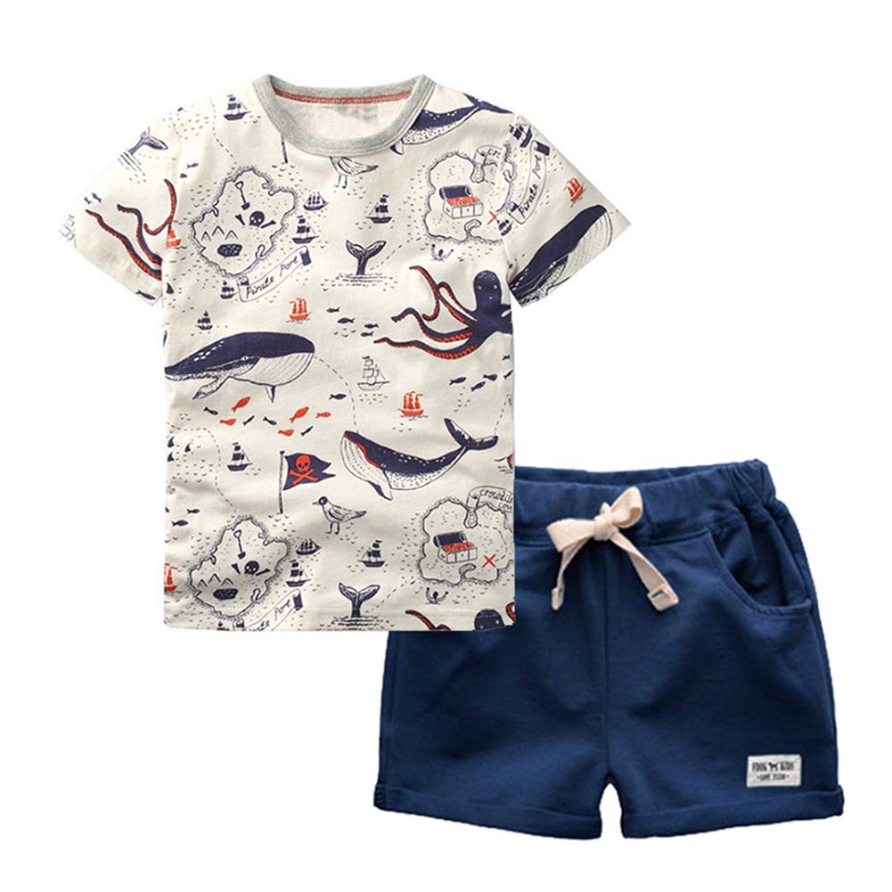 [KISBINI] 子供服 夏服 男の子 半袖Ｔシャツ+ショートパンツ2点 綿 クジラ柄 ボーイズトップ+パンツ 上下セット 男児 普段着 キッズ カジュアル 部屋着 140 の商品画像