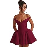 Suillty Women's Elegant V Neck Off Shoulder Homecoming Mini Dresses A-Line Backless Puffy Dress for Party Cocktail