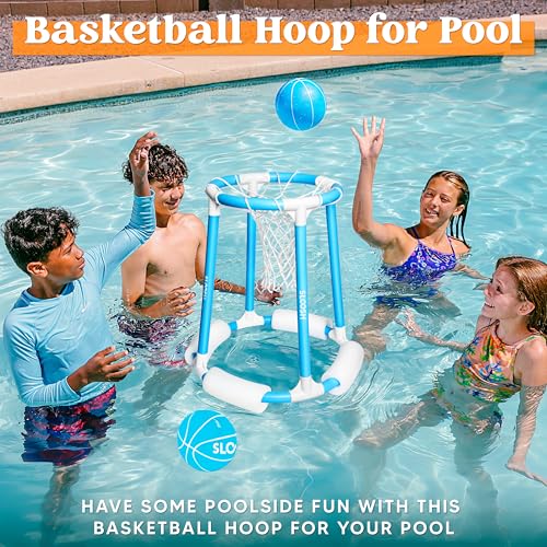Sloosh Pool Basketball Hoop Set, Floating Basketball Pool Game, Swimming Floats Toys with Balls Pump, Summer Outdoor Water Play Toy for Kids and Adults (Blue)
