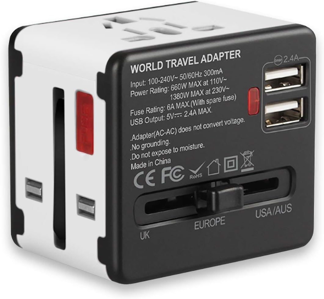 International Power Adapter, European Adapter, OTYTY Universal Travel Charger Adapter with 2.4A Dual USB Plug for UK/EU/US/AU over 150 Countries, Worldwide Wall Charger AC Wall Outlet (White)
