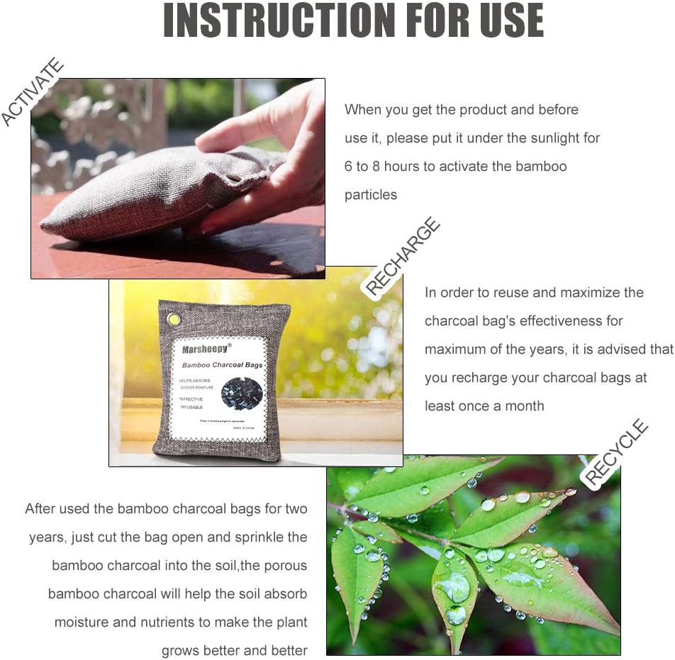 Marsheepy 12 Pack Bamboo Charcoal Shoe Deodorizer Bags, Activated Charcoal Odor Absorber, Bamboo Charcoal Air Purifying Bags, Odor Eliminator for Shoes, Pets, Car, Closet (200g X 2 and 75g x 10): Kitchen & Dining
