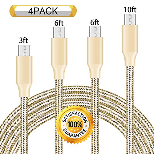Chamfind Micro USB Cable,4Pack 3FT 6FT 6FT 10FT 5000+ Bend Lifespan Premium Nylon Braided Micro USB Charging Cable Samsung Charger Cord for Samsung, Nexus, LG, Motorola, Android Gold