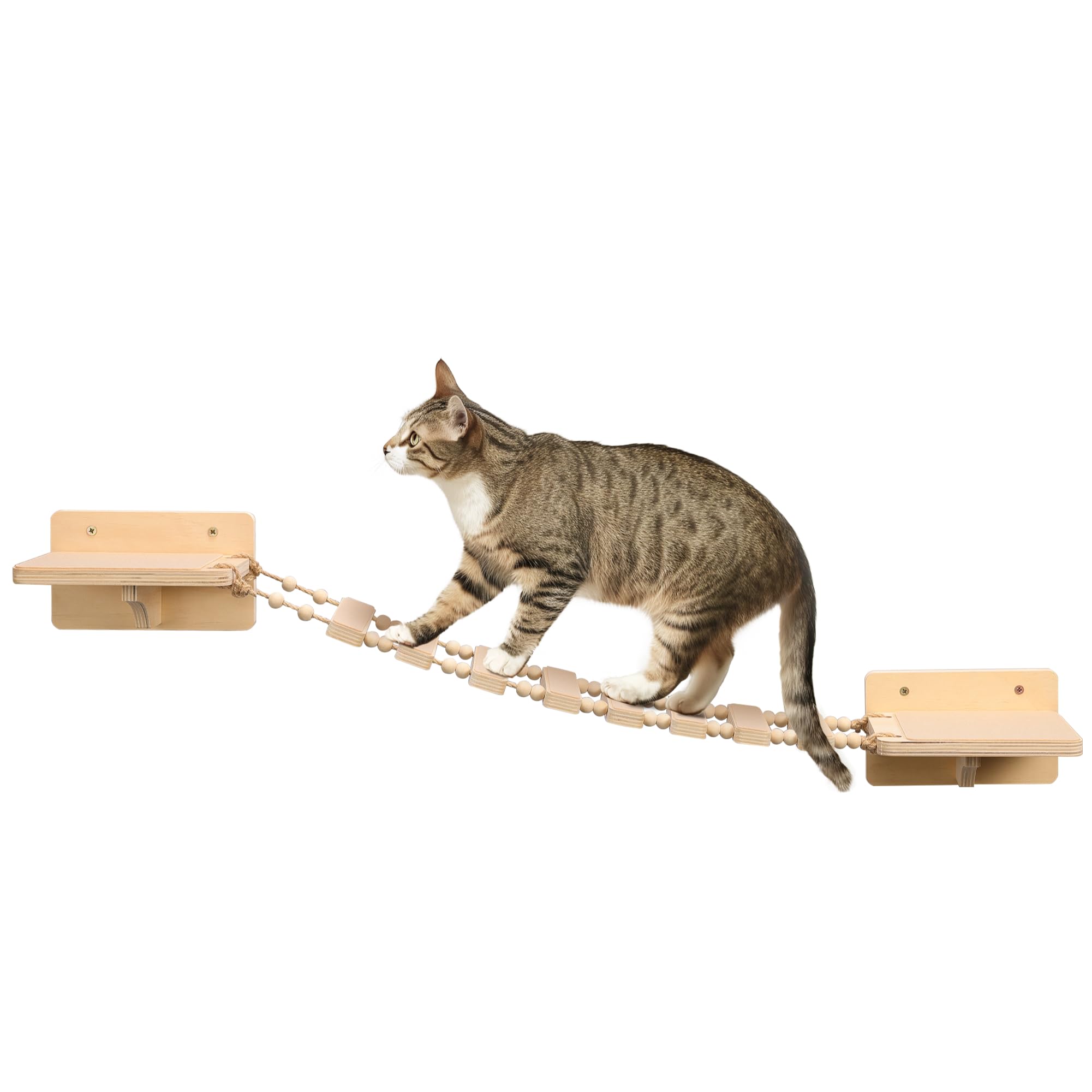 Navaris Wall Mounted Cat Bridge - Rope Walkway With 2 Large Connector Shelves - Indoor Accessories - Pine Wall Furniture Shelf Steps