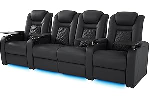 SOOTHROOM Top Grain Leather Home Theater Seating Power Headrest & Memory Function, 7-Color Ambient Lighting, USB/Type-C Charging, Easy Assembly Electric Recliner Chair (Row of 4 Loveseat)