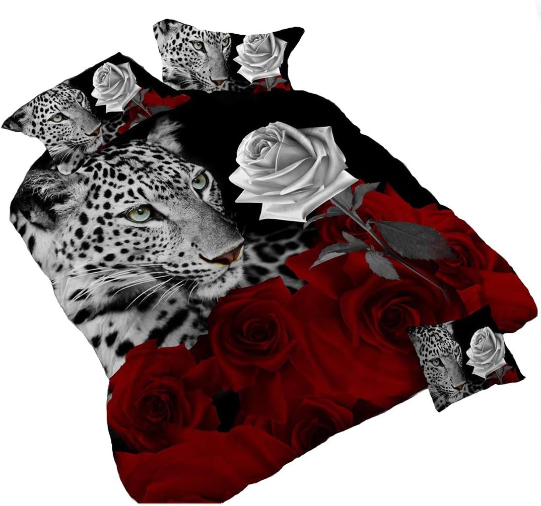 HOHAI 3D Leopard White and Red Rose Bedding Set Floral Prints 4Piece Duvet Cover Double Size Comforter Cover Set