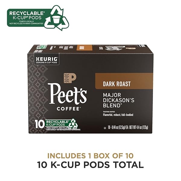 PEET’S COFFEE, DARK ROAST KEURIG K-CUP PODS, 100% ARABICA COFFEE – MAJOR DICKASON’S BLEND 10 COUNT (1 BOX OF 10 PODS)