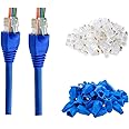 PETECHTOOL RJ45 Cat6 Pass Through Connectors Gold Plated 8P8C Ends and Blue Strain Relief Boots for CAT6 RJ45 Ethernet Network Cable Connector Plug Cover 100/100 (200 Packs Total)