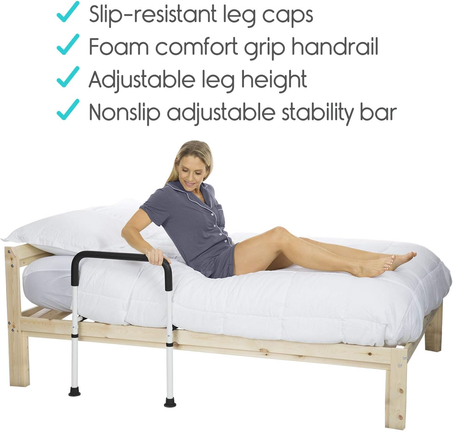 Vive Bed Assist Rail - Adult Bedside Standing Bar for Seniors, Elderly, Handicap, Kid - Fit King, Queen, Full, Twin - Adjustable Fall Prevention Safety Handle Guard - Long Hand Bedrail Grab Bar Cane: Health & Personal Care