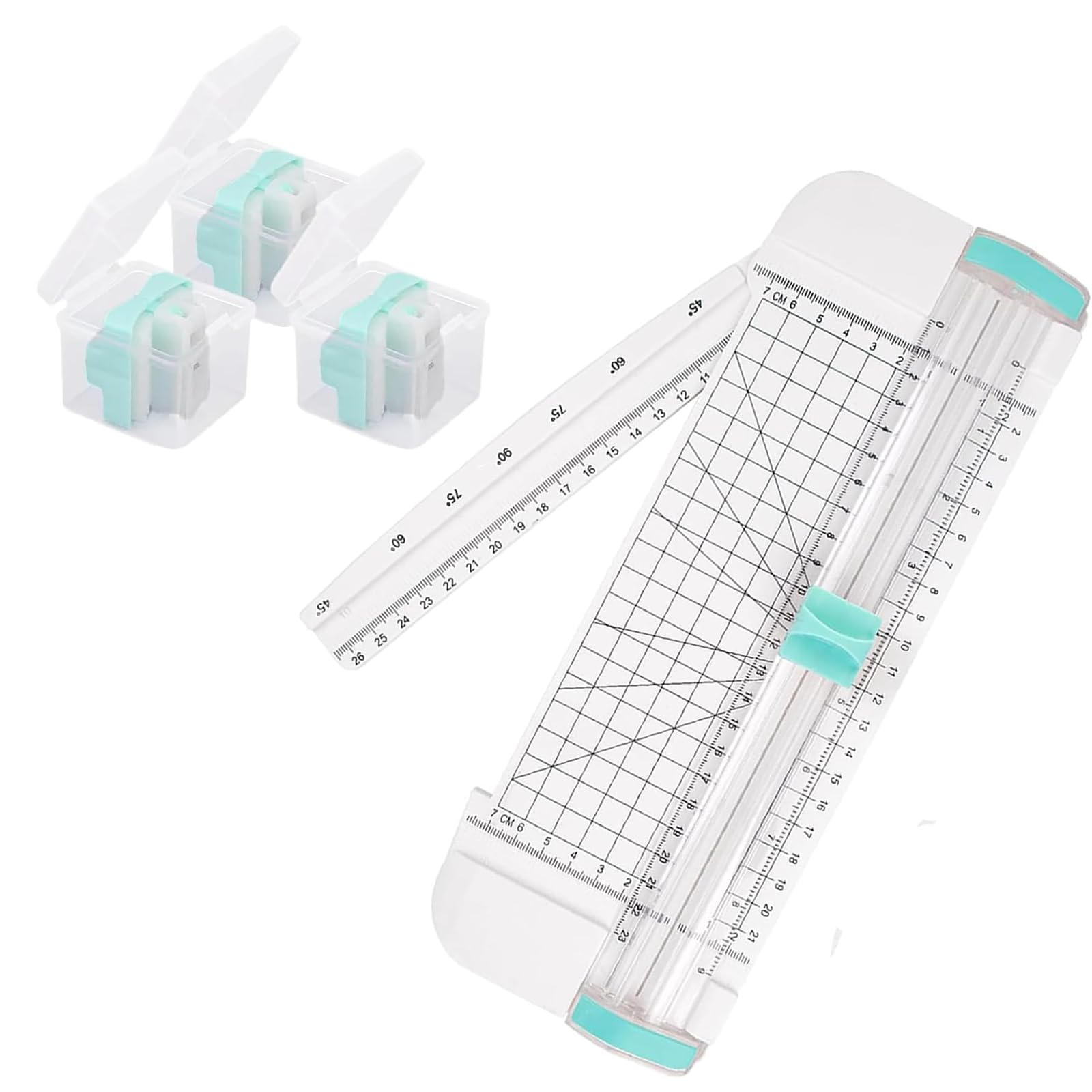 Vokowin 4 Pcs Portable Paper Cutter Set, Mint Green Paper Trimmer with Replacement Blades, Scrapbooking Tool Automatic Security Safeguard, Side Ruler for Crafting Paper, Coupon Cardstock (K410-4)