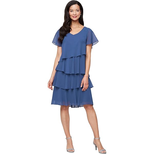Amazon.com: S.L. Fashions Women's Tiered Chiffon Cocktail Party Dress with  Attached Cape & Beaded Shoulders (Petite and Regular Sizes) : Clothing,  Shoes & Jewelry
