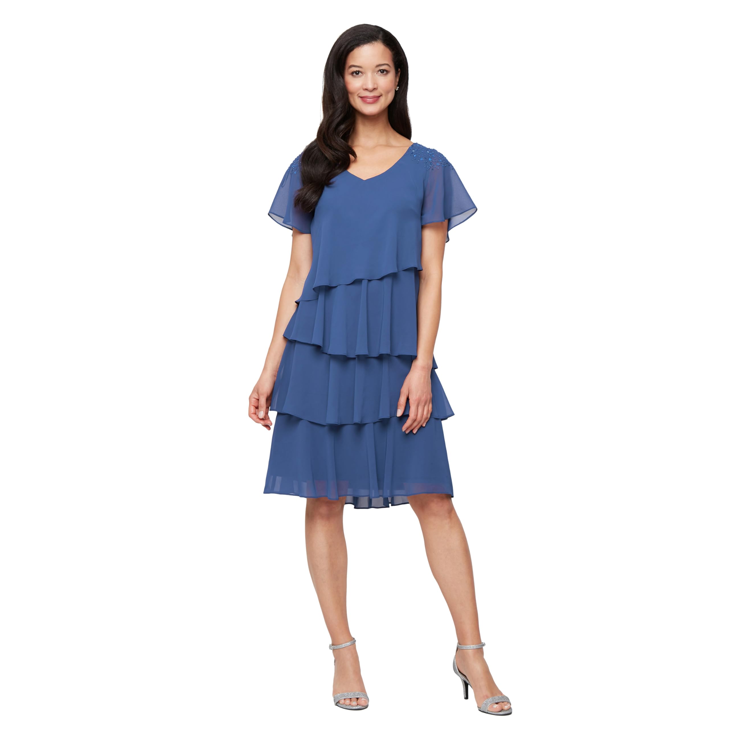 S.L. Fashions Women’s V-Neck Chiffon Cocktail Dress with Beaded Shoulders and Asymmetrical Tiers (Petite and Regular Sizes), Wedgewood