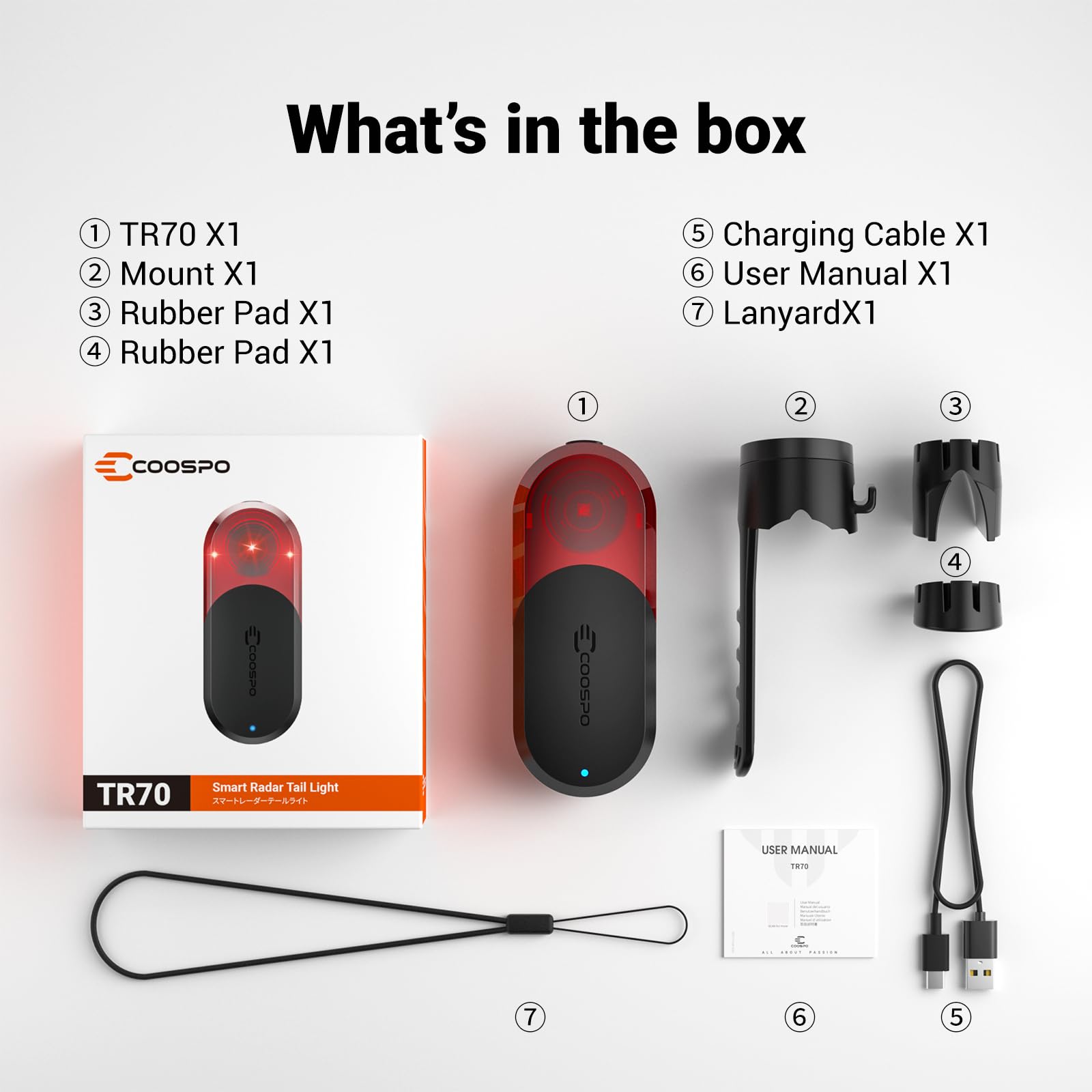 COOSPO TR70 Bike Radar Tail Light, Alerts for Vehicle in 140M, Auto Brake Highlight, 7 Lighting Modes, 40H Long Battery Life, Support APP/Garmin Cycling Computers Display for Road & MTB Cycling Safety