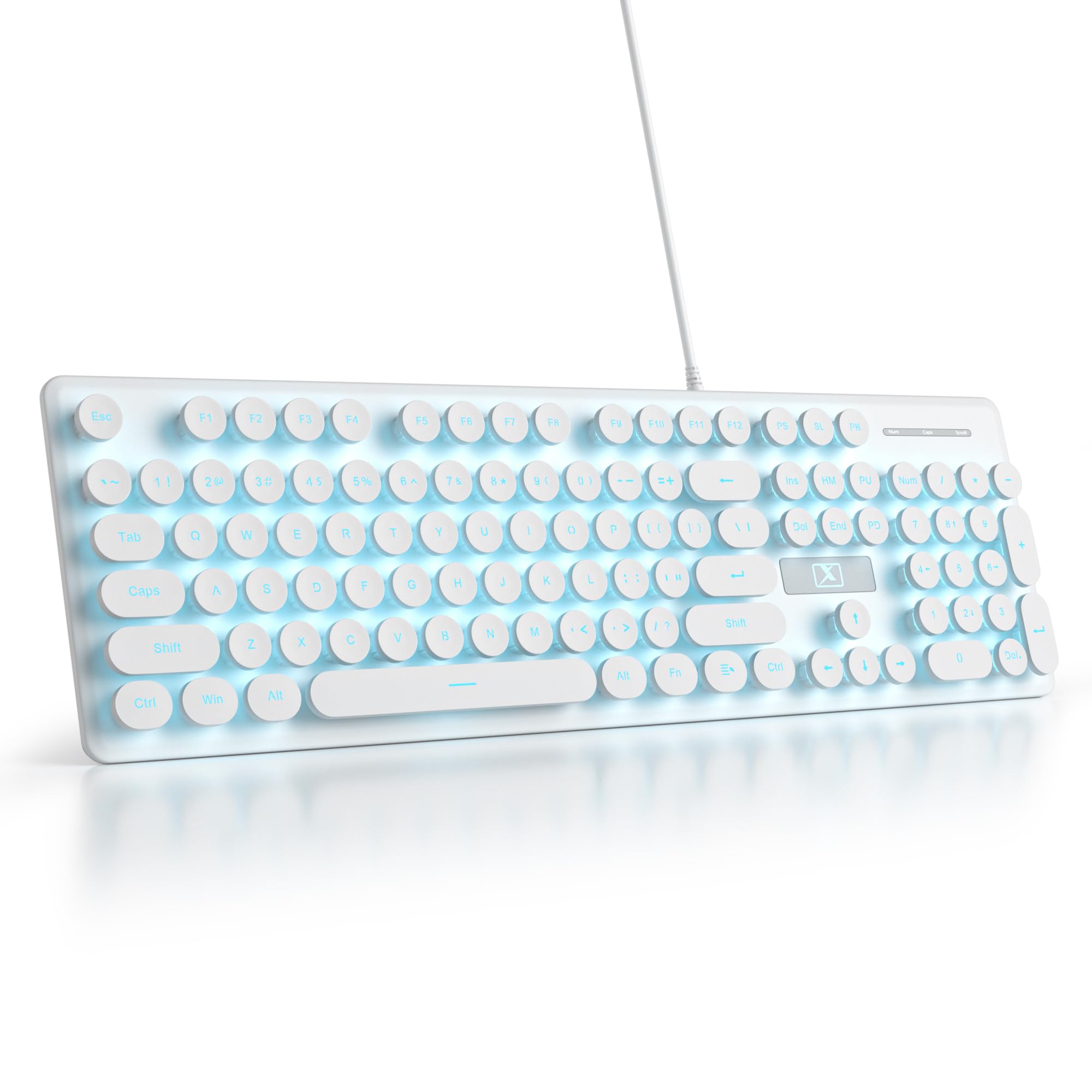 SOLIDEE Membrane Keyboard 100%,Punk Typewriter Full Size 104 Keys,Typewriter Retro Round Keycaps Keyboard,LED Backlit Slim with Wired Cable for PC/Win/Mac/Laptop(US Layout QWERTY)(V300 White)