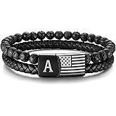 Leather Initial Bracelet for Men Gifts : Mens American Flag Black Lava Rock Braided Cord Letter Wristband for Valentines Birthday Christmas Male Jewelry Gift for Him Husband Dad Son Boyfriend