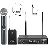 Phenyx Pro Wireless Microphone System, Dual Mic Set with Handheld/Bodypack/Lapel Mics,Auto Scan, 2x100 UHF Frequencies,328ft Range,Cordless Microphone for Singing, Karaoke, Church(PTU-71-1H1B)