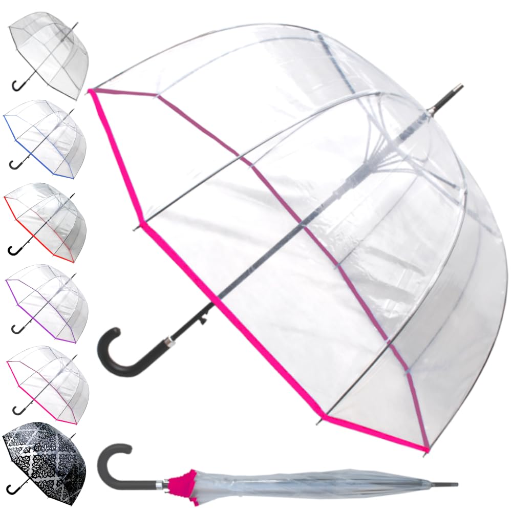 60MPH Rare Automatic Clear Umbrella - Windproof Dome Umbrella Strong - See Through Transparent Clear Plastic Canopy - Best for Visibility - Designer Fiberglass Men Women - Pink Trim