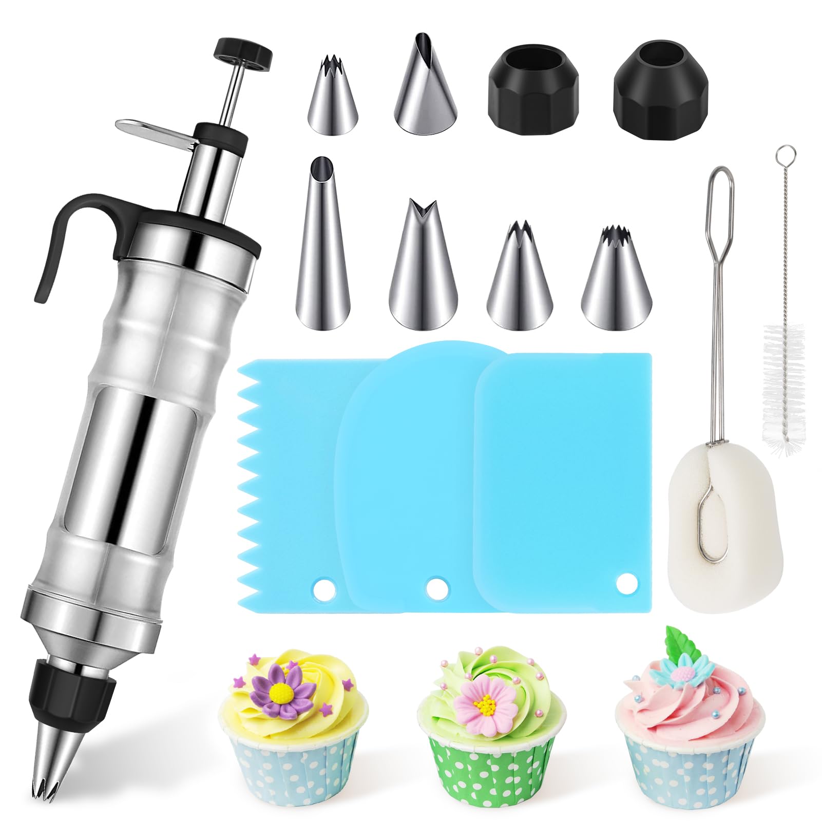 Icing Piping Kit, Cake Icing Piping Gun 14Oz Stainless Steel Piping Tube Icing Syringe Set, Cupcake Decorating Tool with 6 Piping Nozzles 3 Cake Scrapers, Substitute for Piping Bags and Nozzles