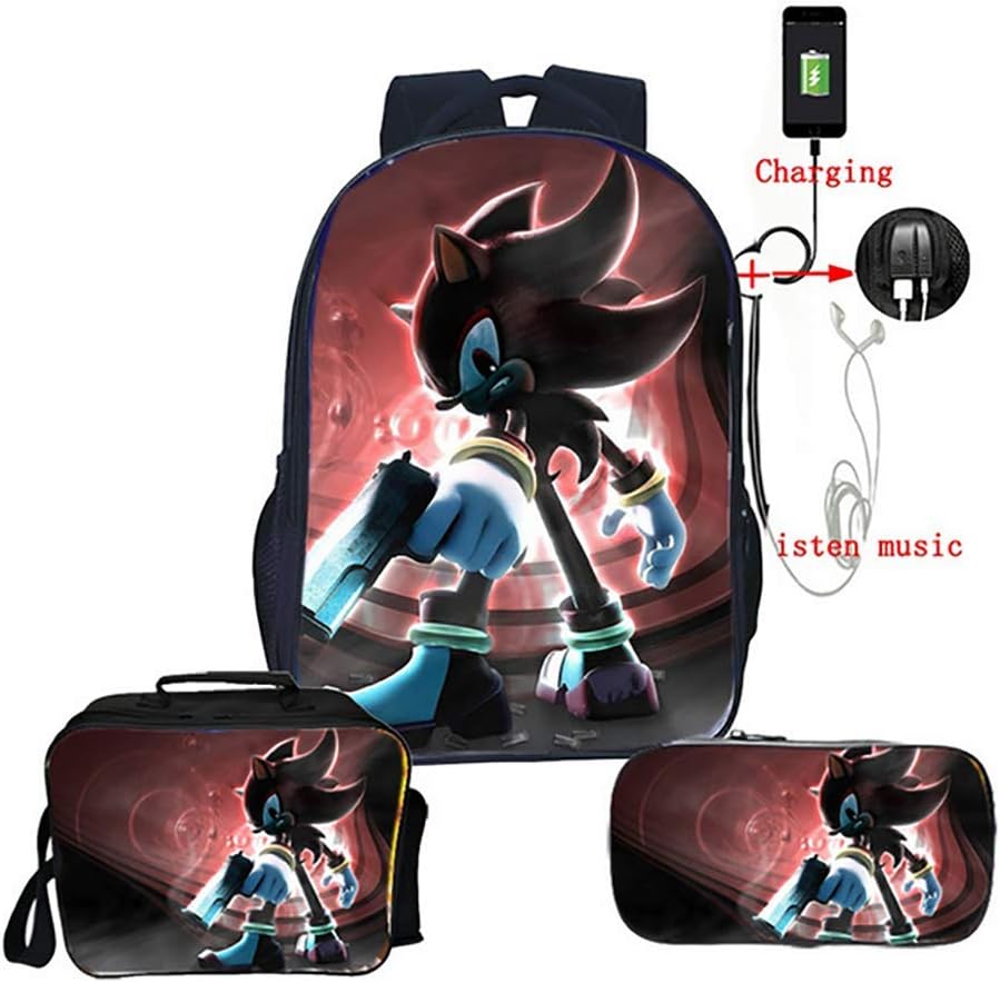 TREES School Backpack with USB Charging Port 3D Printing sonic Lightweight Waterproof School Pen Shoulder Bag Thermal insulated lunch bag 3 pieces,P