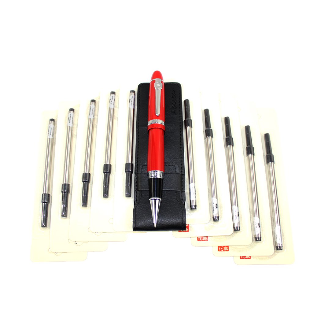 Abcsea 1PCS Heavy Big Rollerball Pen 159 and 10PCS Black Ink Rollerball Pen Refill, Spiral Ballpoint Pen Refills with Cover, Medium Point - Red Pen and Black Spiral Refills (0.5MM)