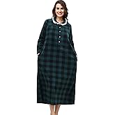 COLORFULLEAF Women's Plaid Fleece Nightgowns Christmas Nightshirt Lace Trim Long Sleeve House Dress with Pockets