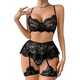 Favnac Women's Sexy Underwire Lingerie Set Floral Lace Bra and Panty with Garter Belt 3 Piece