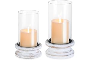 Hewory Hurricane Glass Candle Holder: Rustic White Candle Holders for Pillar Candles, Vintage Decorative Wood Stand with Clear Cylinder Glass for Table Centerpiece Fireplace Mantel Farmhouse Decor