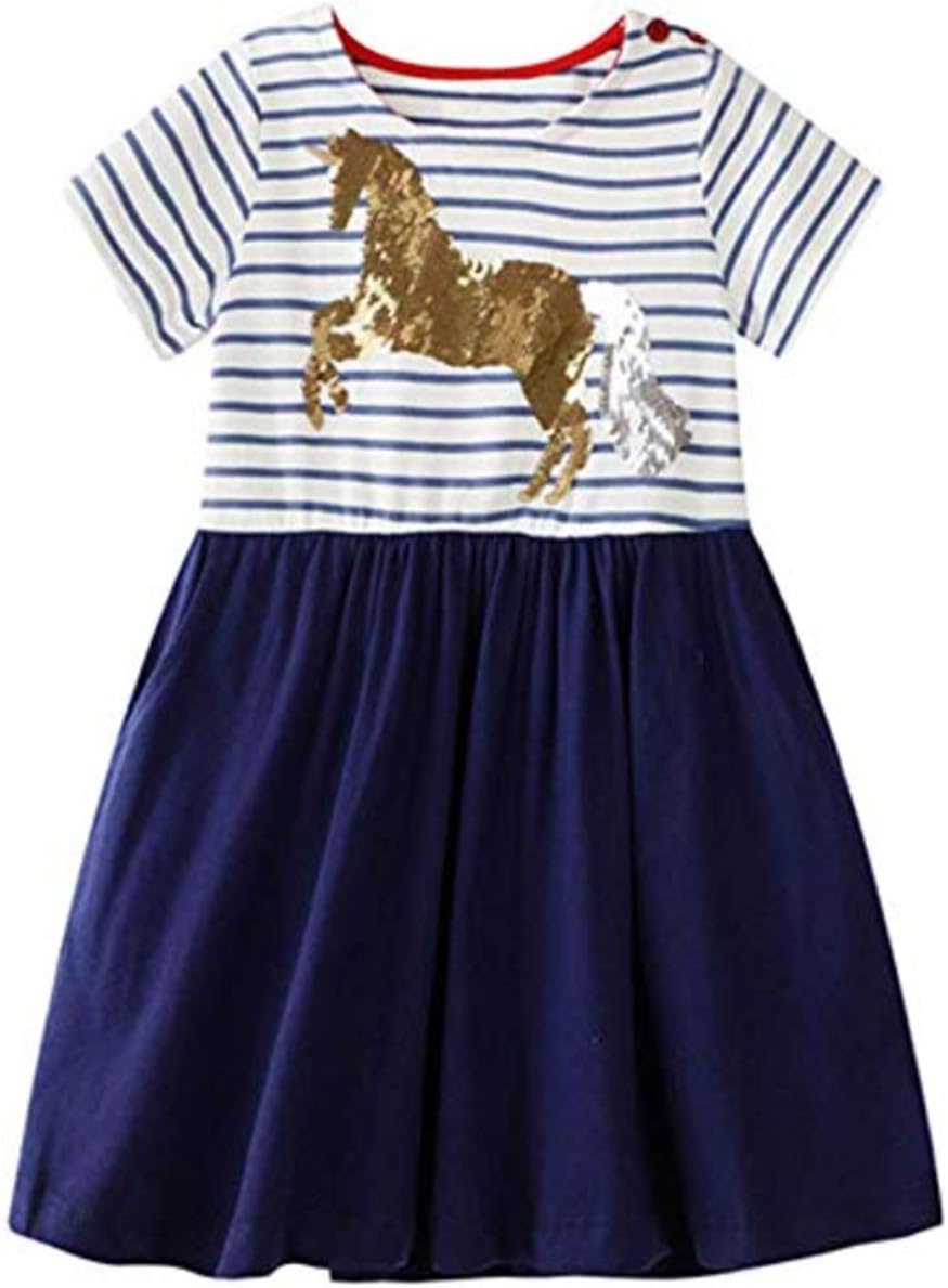 Toddler Girl Casual Summer Dress Short Sleeve Appliques Striped Kids Dresses