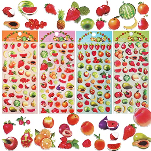 Puffy Fruit Stickers for Kids with Strawberry Apples Banana Watermelon Orange Pineapple Cute Small 3D Tropical Foam Fruit Sticker for Fruit Themed Party Favors, Scrapbook, Crafts,4 Sheets.