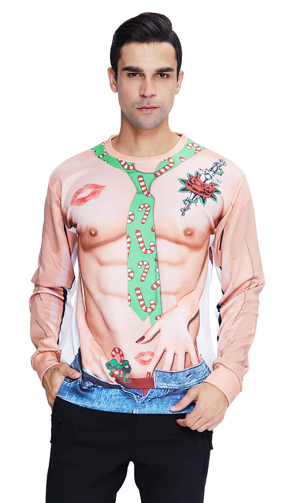 Chest Muscle Sweatshirt for Women Men Sexy Hand Green Tie Silk Stretch Loos Fit Chirstmas Outfit Cheesy Graphic Bring Color Tops for Special Occation Brown (Chirstmas R,L)