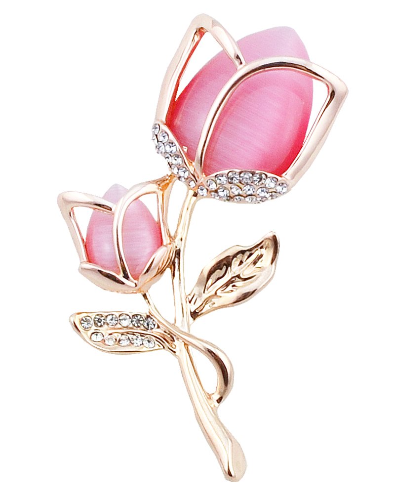FENGJI Tulip Flowers Gold and Silver Plated Rhinestone Brooch Pin for Women Ladies Festival Gift (White,Hot Pink) Gold Hot Pink