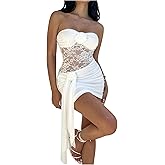 GORGLITTER Women's 3D Flower Strapless Ruched Mini Dress Lace Sleeveless Bodycon Prom Tube Dresses Party Going Out Dress