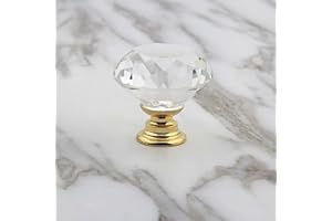 MDPLY 5 Pack Crystal Glass Cabinet Knobs - 30mm Clear Diamond Shape Decorative Gold Base Pulls Handles for Drawer Dresser Kitchen Cabinets Wardrobe Bathroom Vanity Desk (Gold)