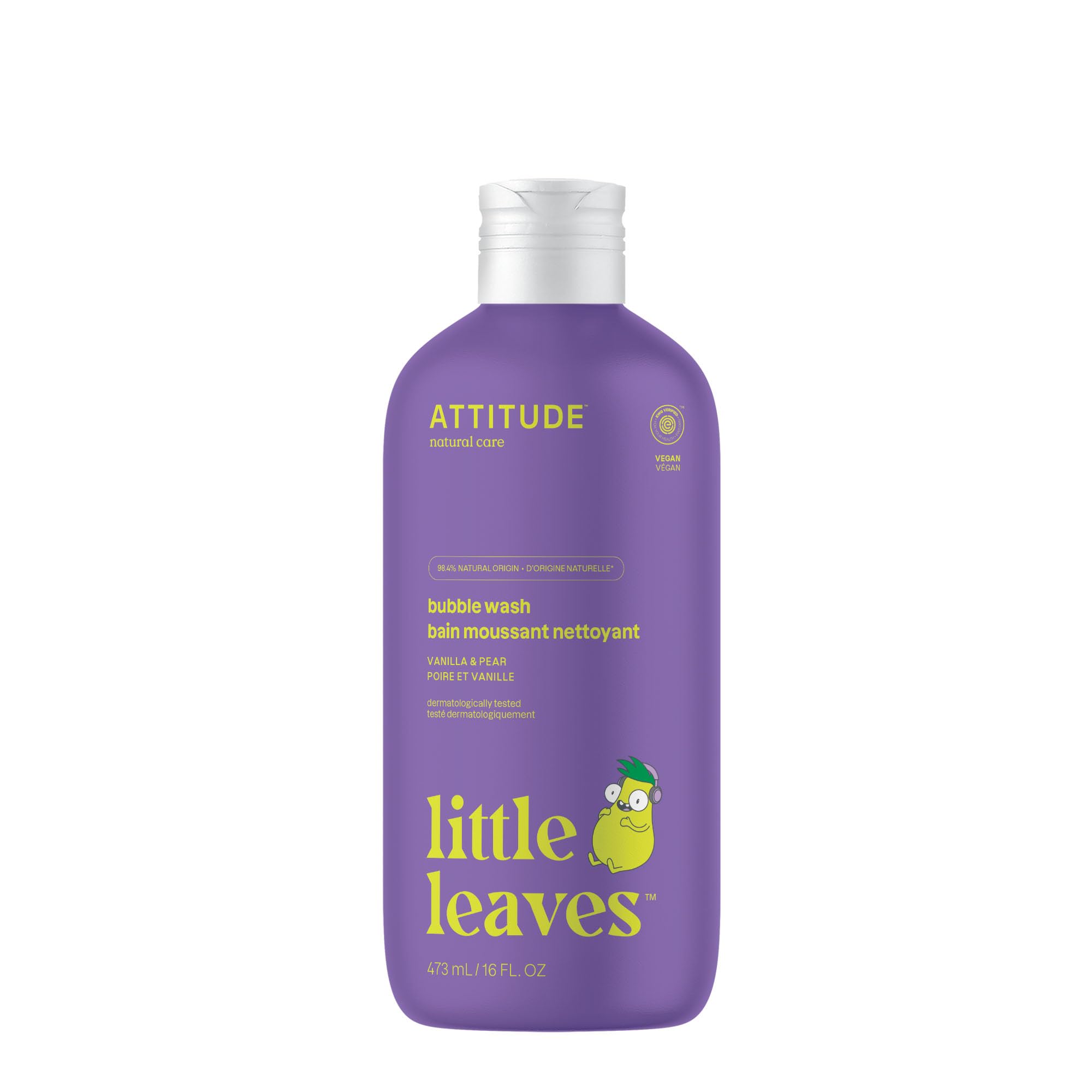 ATTITUDE Bubble Wash for Kids, EWG Verified Bubble Bath, Hair Shampoo and Body Soap, Dermatologically Tested, Plant- and Mineral-Based, Vegan, Vanilla & Pear, 16 Fl Oz