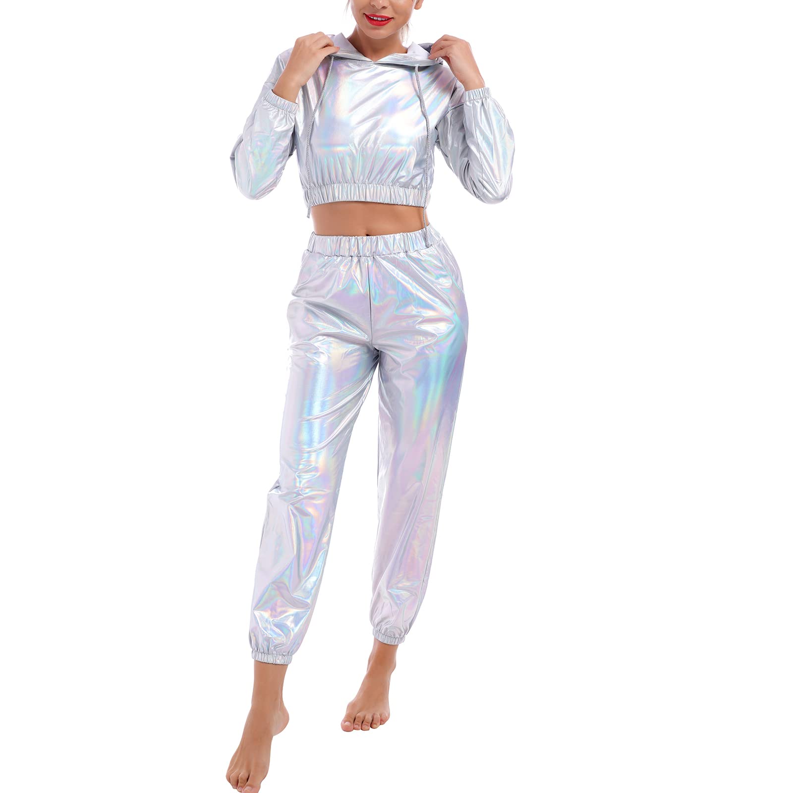 IMEKIS Women's Rave Outfit Shiny Crop Top Hoodie Metallic Casual Long Pants Hooded Workout Sweatshirt Disco Dance Clubwear