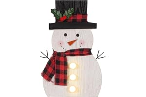 HOMirable Christmas Decorations for Home LED Lighted Snowman Decor Farmhouse Merry Christmas Sign Wooden Rustic Red Plaid Scarf Tabletop Xmas Holiday Signs Party Indoor Room