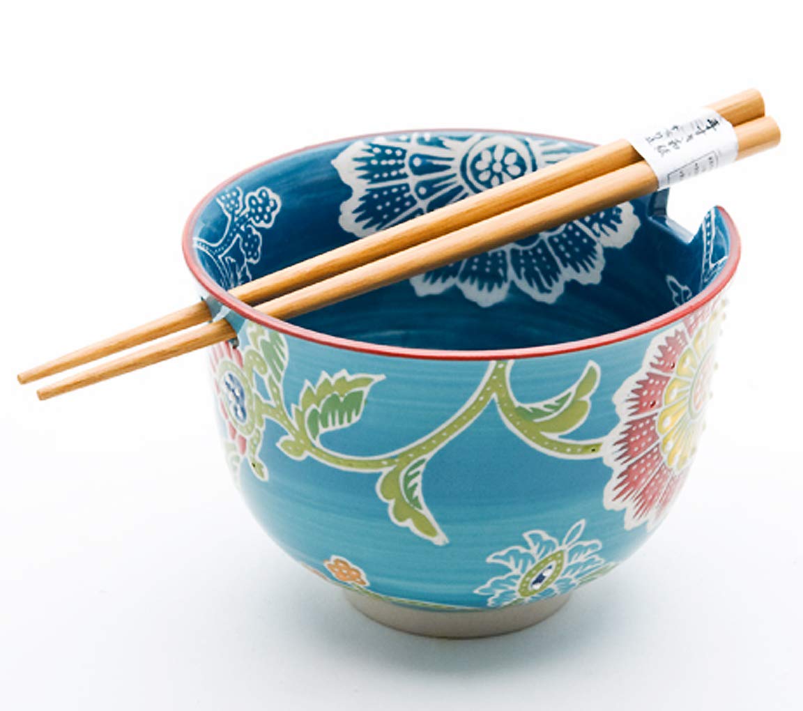 Happy Sales HSRB-TURFLR, Multi Purpose 5" D Ramen Udon Soba Pho Noodle Donburi Rice Tayo Bowl with Chopsticks, Turquoise Floral