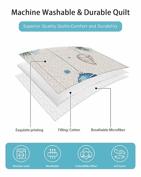 WOWOUHIYA KING QUILT SETS, BLUE COASTAL CHRISTMAS LIGHTWEIGHT BEDSPREADS WITH 2 PILLOW SHAMS, XMAS BOTANICAL STARFISH RUSTIC SOFT SUMMER BED COVERLETS 3 PIECES BEDDING SET FOR ALL SEASON