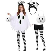 Wuclad Halloween Costumes for Women Adult,Glow in Dark Ghost Costume Women | 4 PCS Ghost Costume Women,Glow in Dark Ghost Poncho/Headband/Stripe Tights/Bag,Easy Halloween Costumes for Women Adults