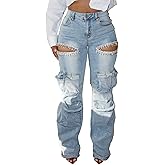 Unybwonn Women Rhinestone Cargo Jeans High Waisted Baggy Sexy Sparkly Cut Out Ripped Distressed Stretchy Denim Pants