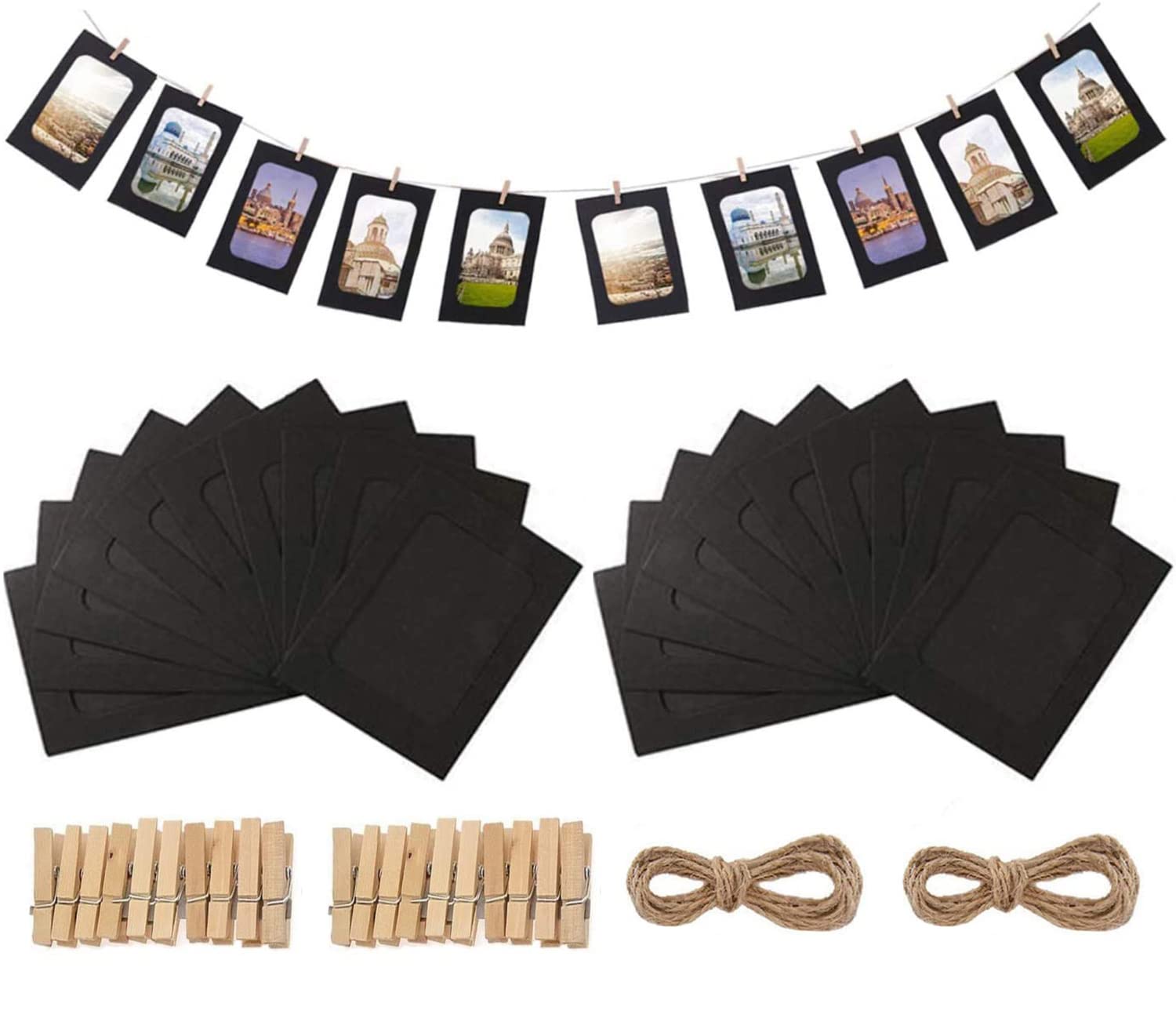 Hsthe Sea 20Pcs Paper Picture Frames,DIY Photo Frames Creative linkage mounted Cardboard with Flax String and Clips-Black
