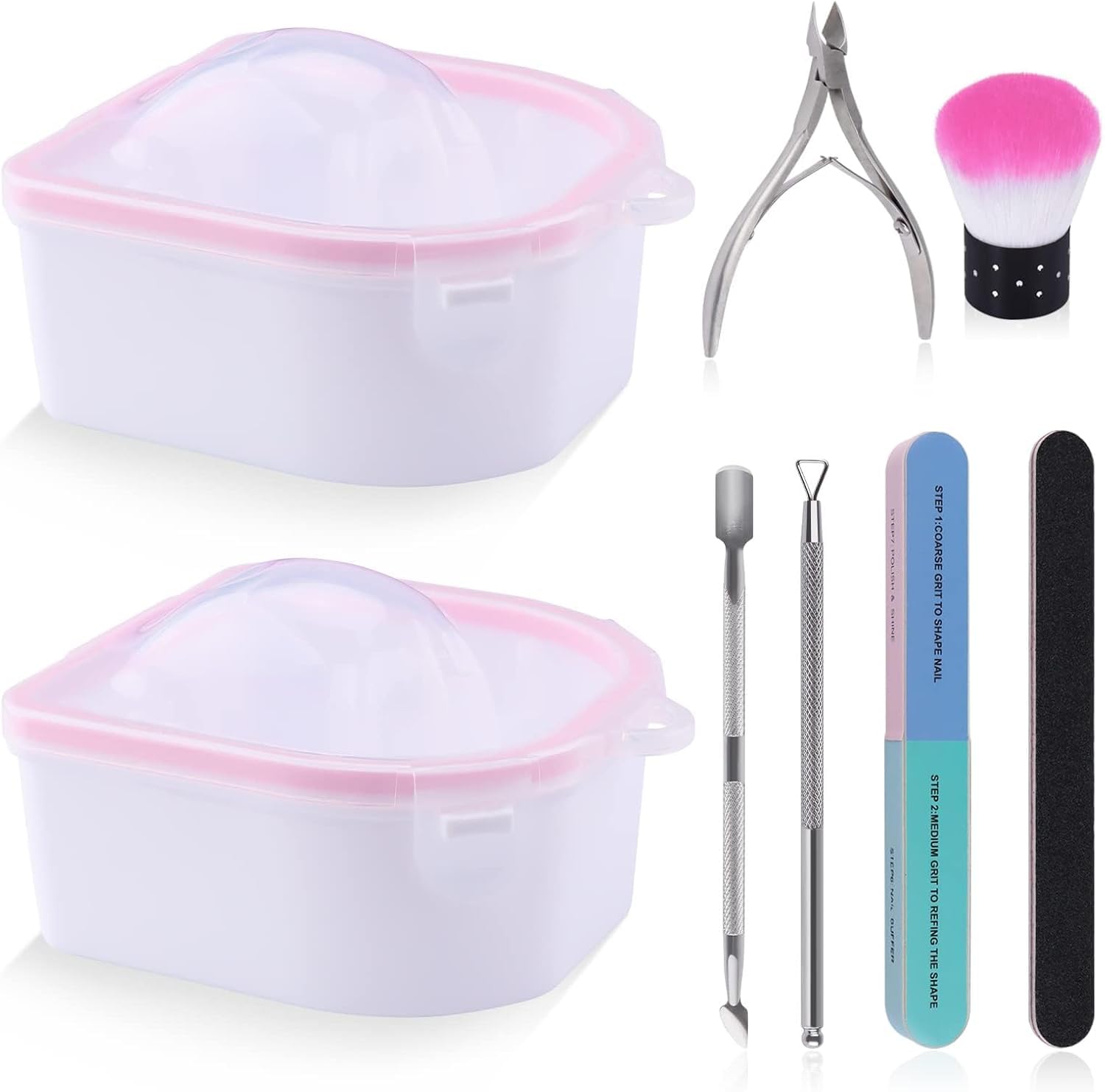 8PCS Nail Soaking Bowls, Kalolary Soak Off Bowl Nail Soak Tray Nail Polish Remove Wash Manicure Spa Tool with Cuticle Peeler, Cuticle Pusher, Nail Files, Brush and Nipper for Home and Salon Use (Pink)