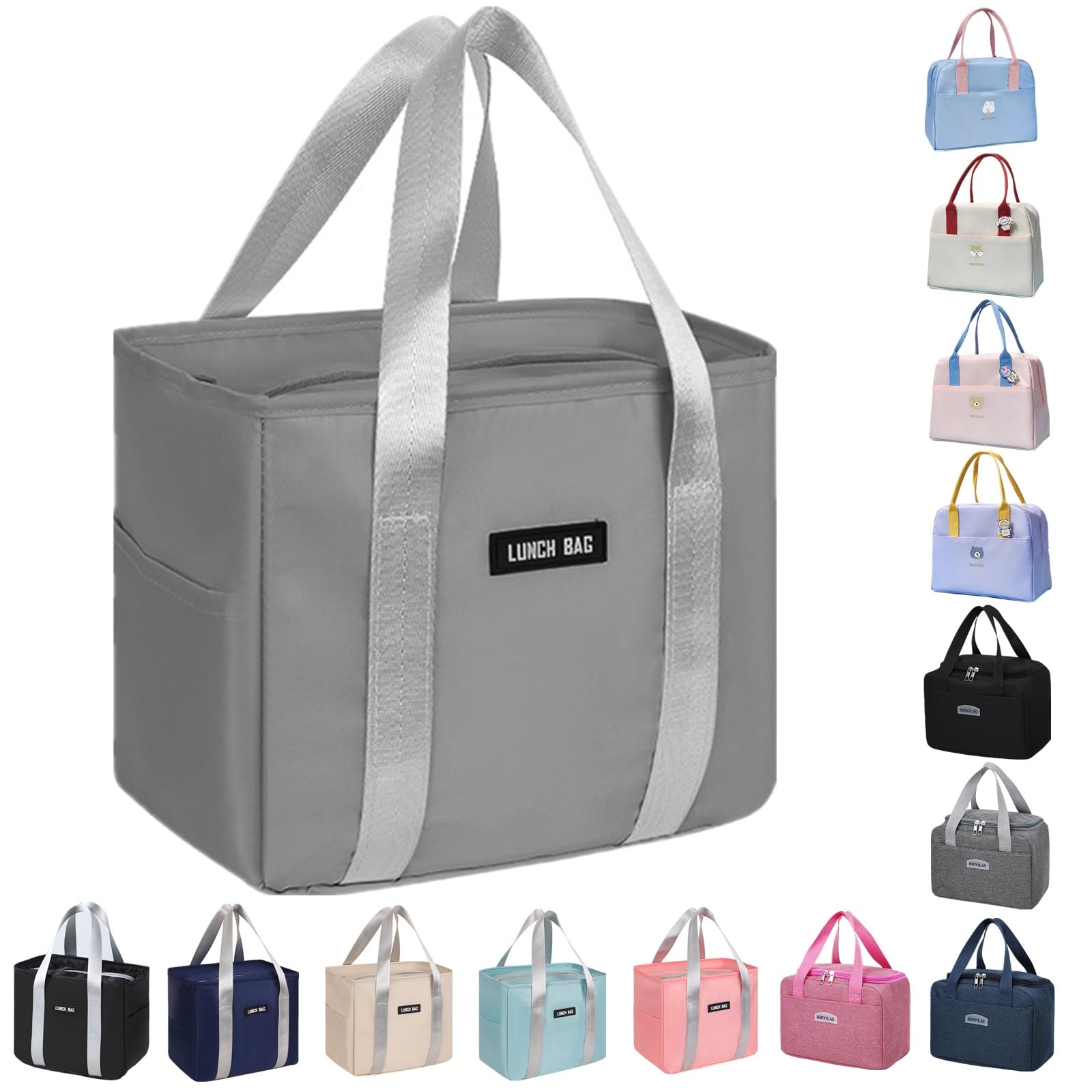 WUWYOUWL Lunch Bag, Cute Carton Insulated Lunch Box, Reusable Lunch Cooler Bags Waterproof Lunchbag Foldable Lunch Bag for Women, Men, Kids and Students Travel Picnic School (Grey-1)