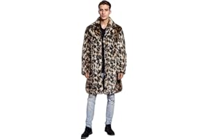 UMREN Mens Warm Leopard Faux Fur Coats Jacket Long Luxury Overwear Parka Cardigans
