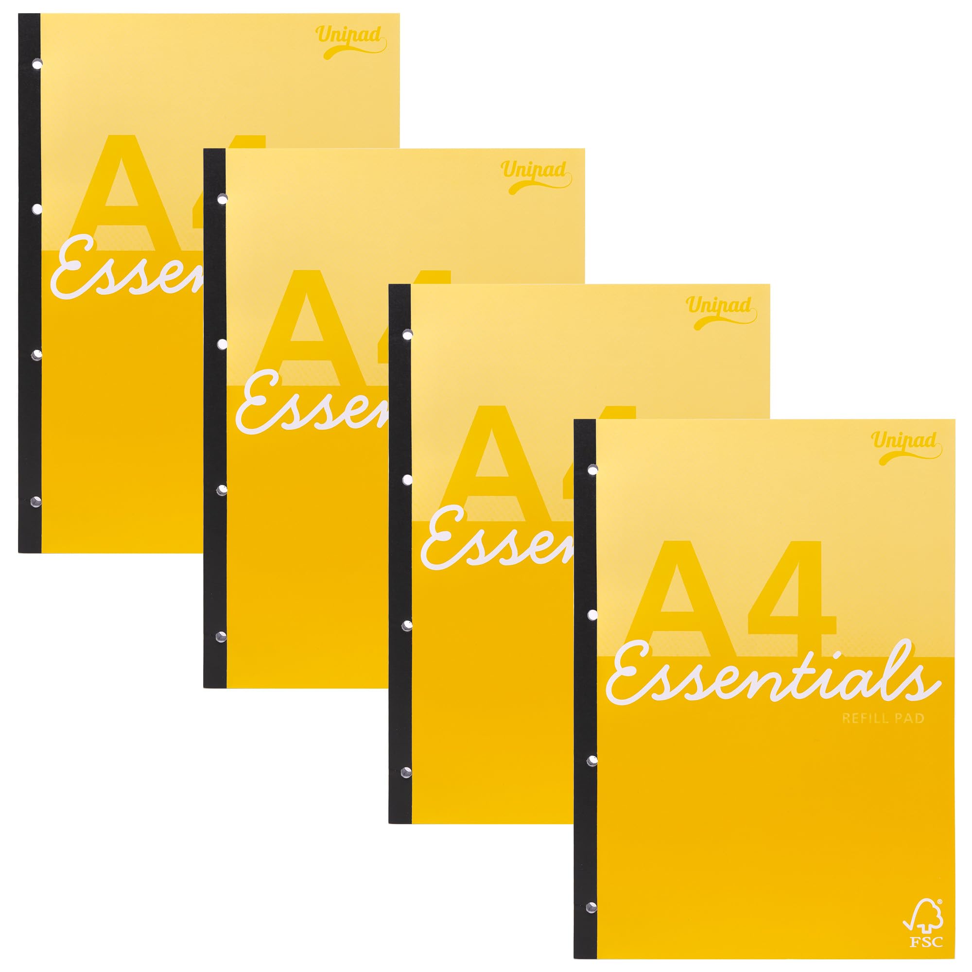Pukka Pad Essentials A4 Refill Pad – Pack of 4 Tape Side-Bound Notepads for Easy Tear-Out with 300 Pages, 150 Sheets of 60GSM Lined FSC Paper with Margins - Yellow
