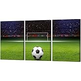 HOMEOART 3 Panels Canvas Wall Art Soccer Ball on Green Huge Football Field With Soccer Gate Picture Poster Sports Painting Home Wall Decor for Boys Bedroom