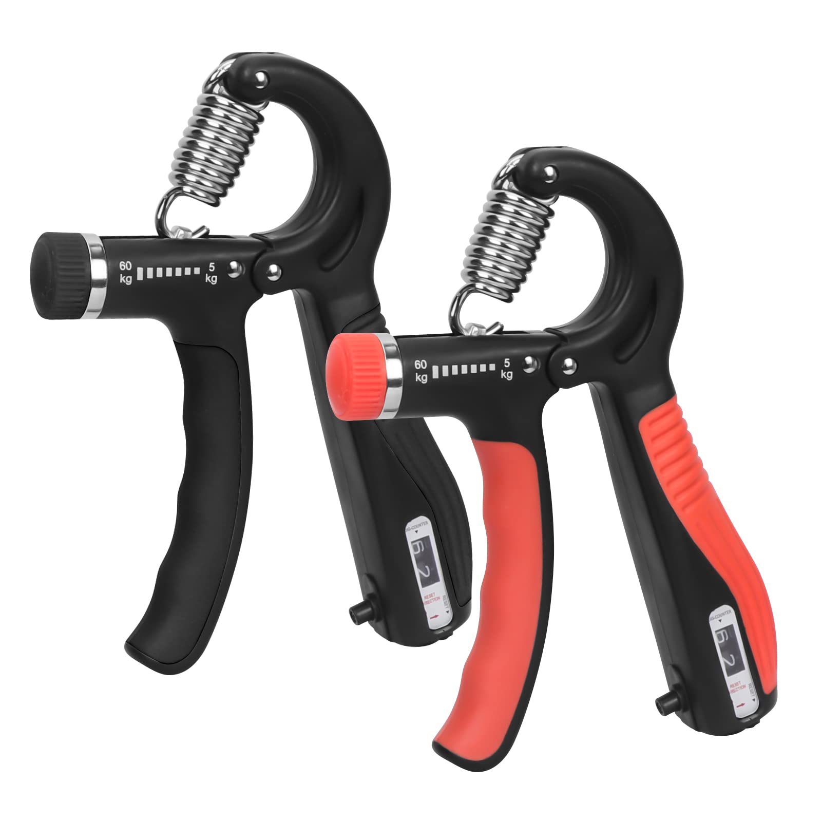 WWW Hand Grip Strengthener, 2PCS Adjustable Resistance 5-60 kg (11-132 lbs) Grip Strength Trainer with Stainless Steel Spring Smart Counting and for Strong Wrists, Fingers, Forearm, Hands,Black+Red