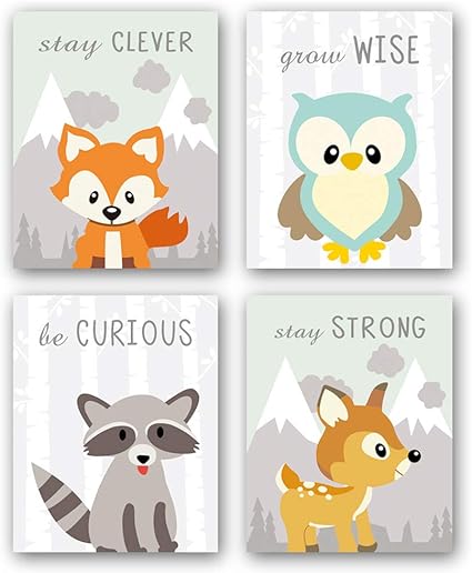Lot De 4 Tableaux Muraux Sans Cadre Animaux De La Foret Impression Art Sur Toile Motif Renard Hibou Raton Laveur Cerf Affiches Pour Chambre D Enfant Bebe Filles Et Garcons 3 X 25 4cm
