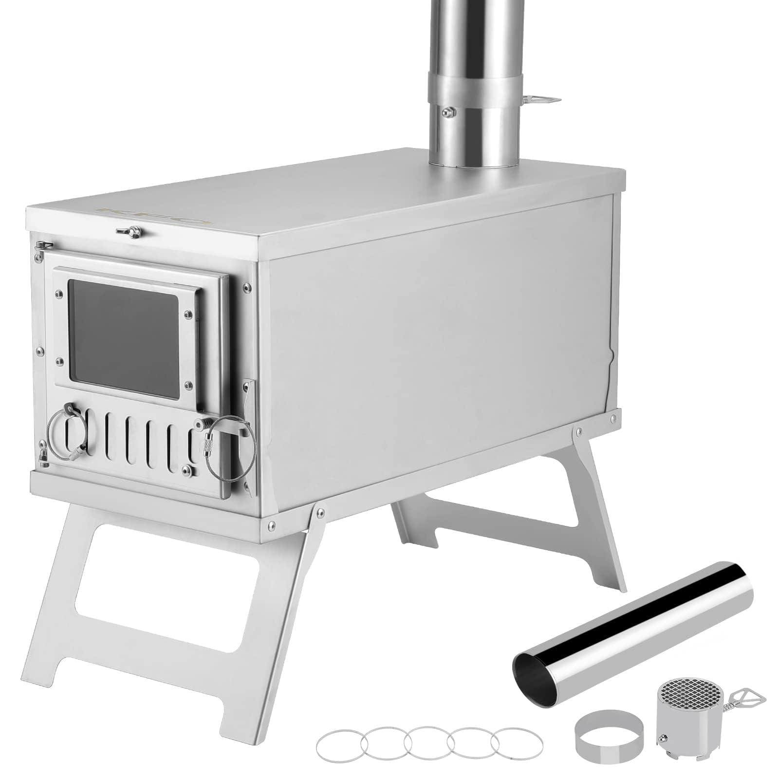 KFO Camping Tent Stove in 304 Stainless Steel, Ultralight Foldable Multi-Fuel with Heat Resistant Glass Window and Rotary Damper