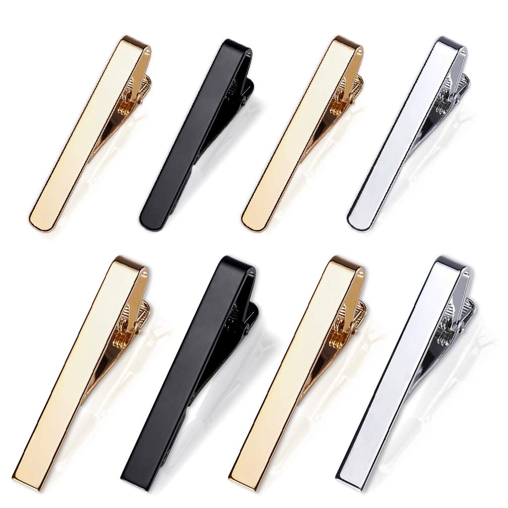 ALBOYI Tie Clips 8 Pack for Men, Skinny Tie Bars with Square Edges, Metal Tie Clasp Necktie Pin for Shirt, Wedding & Business Formal Wear(Gold/Black/Silver)